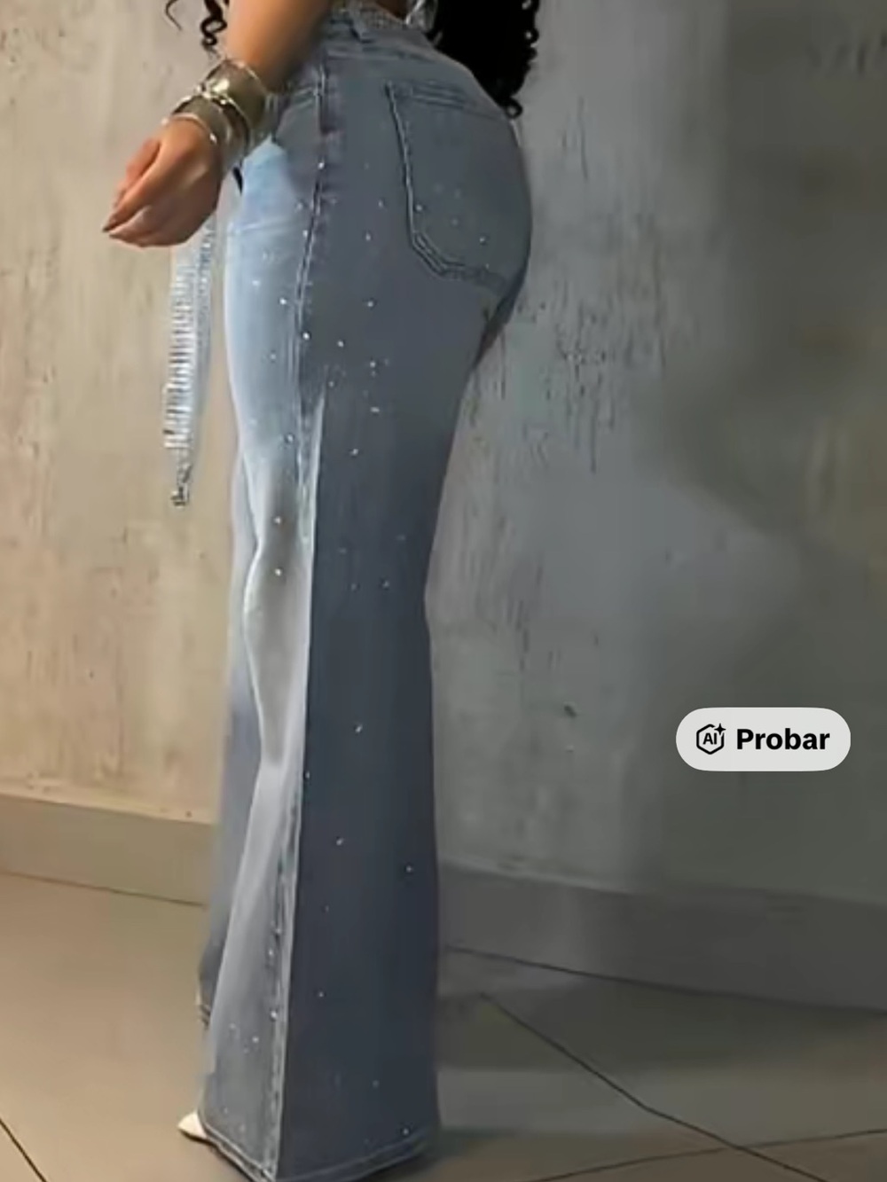 High-Rise Light Blue Pearl-Accent Wide Leg Jeans - Women size M